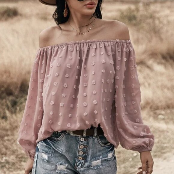 Miss Sparkling Tops - Dusty rose tufted dot off shoulder boho flowy long sleeve blouse sizes M and L